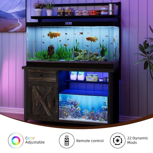 55-75 Gallon Fish Tank Stand with Power Outlet, Led Light, Heavy Duty Aquarium Stand with Cabinet for Fish Tank Accessories Storage, Shelf, for Turtle Tank, Reptile Terrarium, 1100 LBS (Oak) - color: Oak