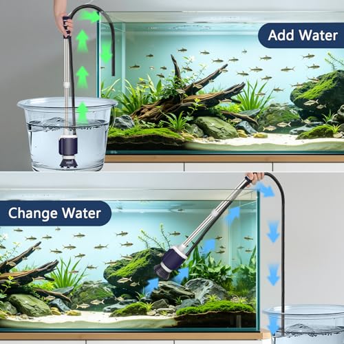 AQQA 600GPH Electric Aquarium Gravel Cleaner, 6-in-1 Automatic Fish Tank Vacuum Cleaner & Water Changer with Stainless Steel Handle & 3-Stage Filter Cup for Turtle Tanks, Adjustable Flow 34W | 6-in-1 Automatic Fish Tank Vacuum Cleaner & Water Changer, Sta