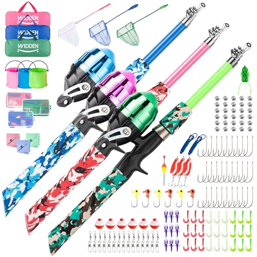 Kids Fishing Pole, Portable Telescopic Kids Fishing Poles for Boys and Girls, Fishing Rod and Reel Combo Kit with Tackle Box, and Fishing Net, Best Fishing Pole for Toddler Youth - color: Pink+Blue+Green