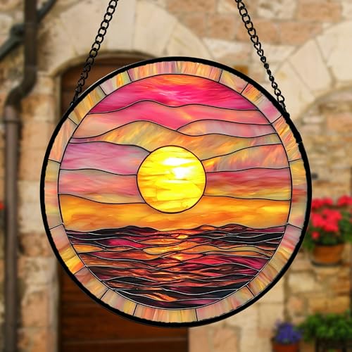 DASTOLL Stained Glass Window Hanging, Sunrise Sea Surface Sun Catchers Diamond Glass Panel Hangings Abstract Suncatcher Decor for Birthday for Women, Men, Wife, Aunt, and Mom 11.8 in - color: Gold, size: 11.8x11.8 IN