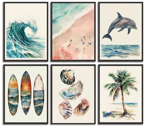 6pcs Vintage Coastal Canvas Wall Art Beach Surfboard Shell Posters Prints Paintings Summer Ocean Animal Wall Decor Pictures for Living Room Bedroom Bathroom Home Decorate Unframed - color: Coastal-1, size: 10"L x 8"W-Posters