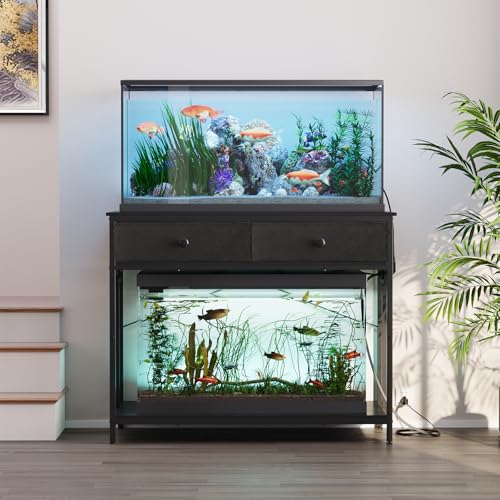 VOWNER 40 Gallon Aquarium Stand with Power Outlet, Metal Frame Fish Tank Stand with Cabinet Storage, Double Turtle Reptile Terrariums Tank Stand, 39.4" L*18.9" W Tabletop, 660LBS Capacity, Black - color: Black