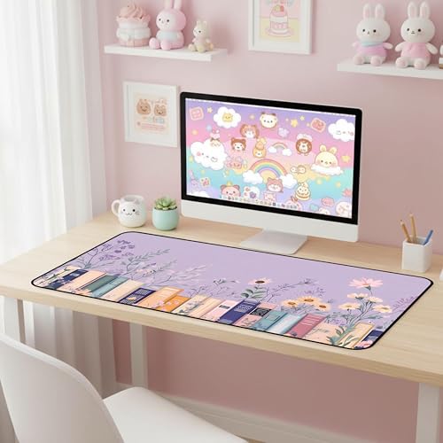 Purple Book Desk Pad Mat XXL, Lavender Flower Large Mousepad, Game Desk Mat, Extended Laptop Keyboard Mats, Cute Desktop Protection Pad, Women's Home Office Desk Decoration 31.5"X15.7" - color: Purple Lavender