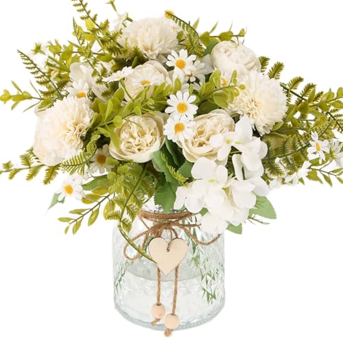 Kimura's Cabin Artificial Flowers with Vase Silk Peonies in Vase Fake Flowers with Vase Faux Flower for Office Home Table Centerpiece Bathroom Arrangement Decorations(White)