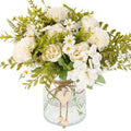 Kimura's Cabin Artificial Flowers with Vase Silk Peonies in Vase Fake Flowers with Vase Faux Flower for Office Home Table Centerpiece Bathroom Arrangement Decorations(White)