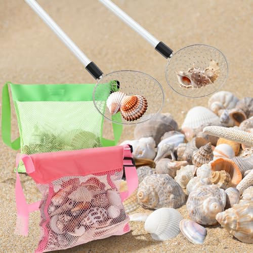 Roshtia 2 Pack Beach Sand Sifter Scoop with Seashell Bags, 18.5"- 30" Adiustable Shark Tooth Sifter Long Handle Sand Digger Scooper for Shell & Shark Tooth Collect Tool Toy for Adult Kid(Pink, Green) - color: Pink, Green, size: 18.5-30 Inch, style: Scoop