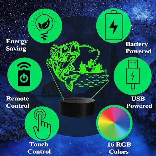 Fishing Night Light, Fishing Gifts, 3D Illusion Lamp with Remote Control, 16 RGB Colors, 4 Flashing Modes, Timer, Dimmable, Men Boy Room Decoration for Father's Day Holiday Birthday Christmas - color: Color 5