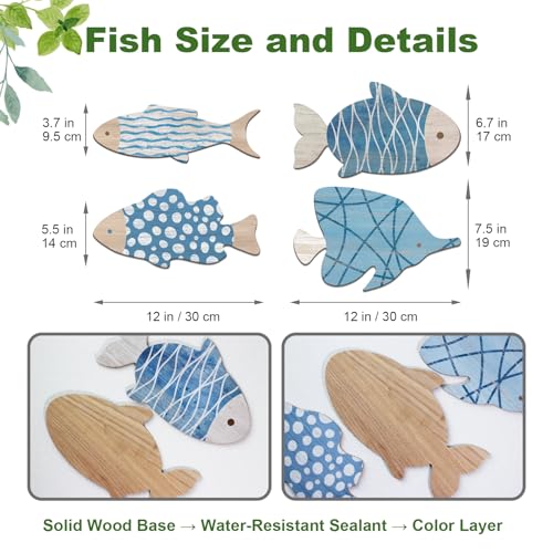 Aikgidtt 4 Pieces Wooden Fish Wall Decor Set, 12 Inch Coastal Wall Art for Bathroom, Beach House, Family Rooms - with Hooks & Adhesive Pads (Blue)