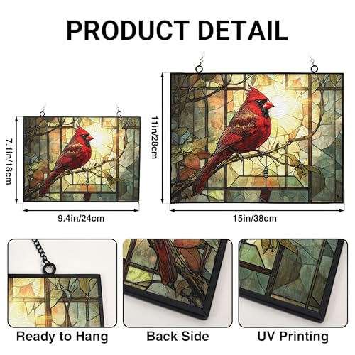 Vintage Cardinal On Branch Stained Glass Window Hanging, Colorful Sun Catchers Glass Panel Rectangle Suncatcher Decor for Birthday for Women, Men, Wife, Aunt, and Mom 15"x11" - color: Vintage Cardinal on Branch 4, size: 15x11 IN