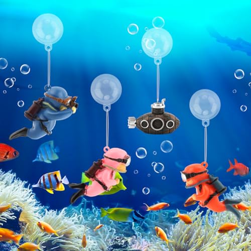 PUXING 4pcs Floating Fish Tank Decoration Retro Submarine Set and Floating Diver Lovely Diver Fish Tank Decorations Safe Fishs Toy for Be-TTA (Color:Colorful)