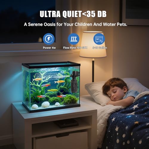 Aquarium Filter for 5-10 Gallon Tank – Ultra Quiet Submersible Filter Pump, 4W Energy Efficient, Adjustable Flow, Easy to Install, for Freshwater Fish and Small Aquariums - size: 4W for 5-10 Gallon Tanks