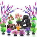 QUOZUO 15 Pcs Aquarium Artificial Plastic Plants Decorations and Resin Barrel and Coral Rock Cave Set, Fish Tank Accessories Hideout Ornaments Aquarium Decor Set