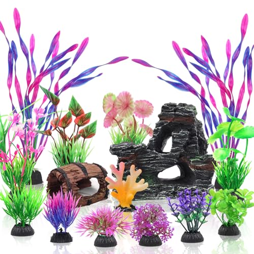 QUOZUO 15 Pcs Aquarium Artificial Plastic Plants Decorations and Resin Barrel and Coral Rock Cave Set, Fish Tank Accessories Hideout Ornaments Aquarium Decor Set