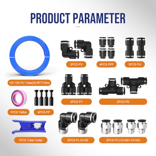 1/2 Air line,1/2 inch OD Air Hose Kit,Airline Tubing Repair Kit Compressor Tube with Push to Connectors Fittings(Blue-32.8FT/10M) - color: Blue, size: 1/2" OD
