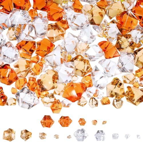 Syhood 570 Pcs 5 Sizes Orange Clear and Amber Fake Crushed Ice Rocks Acrylic Crystal Gems Plastic Diamonds Marble for Vase Fillers Decoration Wedding Holiday Table Scattering Room Decor - color: Orange, Coffee and Clear