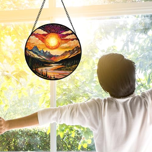 DASTOLL Stained Glass Window Hanging, Dusk Sunset Landscape Sun Catchers Glass Panel Lakes and Mountains Suncatcher Decor for Birthday for Women, Men, Wife, Aunt, and Mom 7.8 in - color: Golden Red, size: 7.8x7.8 IN
