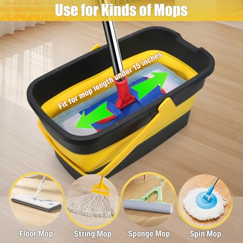 Collapsible Mop Bucket for Cleaning with Handle, Silicone Square Wash Bucket for Windows Cleaning Car Washing,Cleaning Supplies Organizer Plastic Water Bucket for Storage Household use, 3-Gallon - color: Grey Yellow
