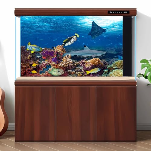 Undersea Aquarium Background Underwater Tropical Fish Coral Reef Terrarium Background Under The Sea World Theme Fish Tank Background Shark Blue Sea with Sunbeams Fish Tank Backdrop 24x12in - color: Tropical Dark Blue, size: 24(W)x12(H)inches/ 60(W)*30cm(H