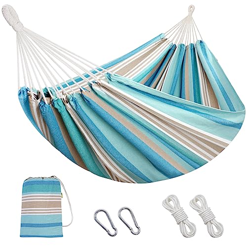 INNO STAGE 2 Persons Hammock with Tree Straps - Brazilian Double Hammocks, Portable Hanging Camping Bed for Patio, Backyard, Porch, Outdoor and Indoor Use Soft Cotton Carrying Bag, Blue, XX-Large - color: Blue, size: XX-Large