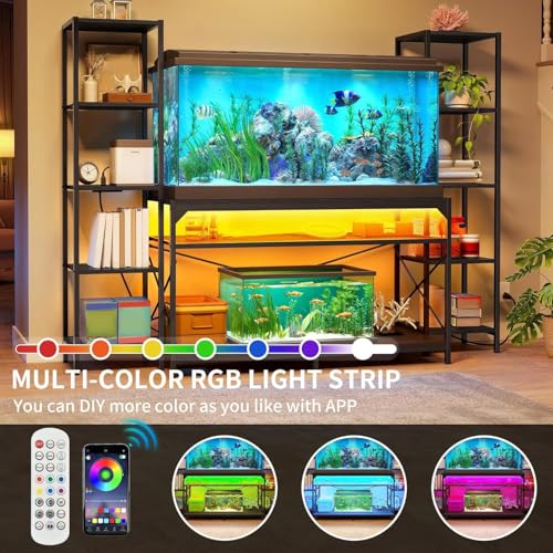 YITAHOME 55-75 Gallon Aquarium Stand with Power Outlets & LED Light, Display Stand for Turtle Tank, Reptile Terrarium, Heavy Duty Metal Fish Tank Stand Suitable for Living Room, Entryway, 860LBS Capacity - color: Black w/ Shelves, size: 55-75 Gallon