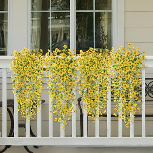 ZFProcess Artificial Hanging Flowers Plants for Outdoor Fall Decoration, 2PCS Faux Silk Daisy UV Resistant Look Real for Outside Home Indoor Planter Porch Garden Yard Autumn Decor(Yellow) - color: A Yellow