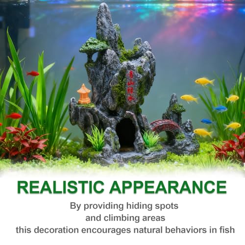 Mountain View Stone Ornament, View Stone Rock Cave Aquarium Decorations, Fish Tank Decoration Resin Cave for Betta Fish Snail Turtle, for Freshwater Saltwater Aquascaping