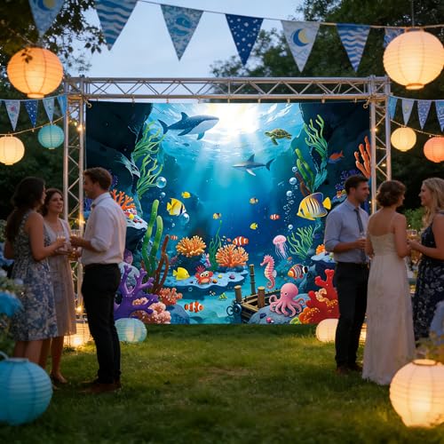 8x6Ft Under The Sea Backdrop Polyester Ocean Backdrop Under The Sea Themed Party Decorations for Girls Boys Birthday Party Photography Background Photo Booth Prop with Ribbon - color: Under The Sea, size: 8×6 ft