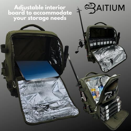 Baitium Fishing Backpack, Tackle Bag With Rod Holders, 40L Capacity With Cooler, Rain Cover, Insulated Pocket, 4 Tackle Trays Included- (Green) - color: Green