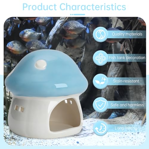 AnRui Ceramic Mushroom Aquarium Decor Cute House Betta Fish Tank Accessories Decoration Hideout Cave for Small Fish, Shrimp, Goldfish and Reptiles, Easy to Clean (Blue, Small) - color: Blue, size: Small
