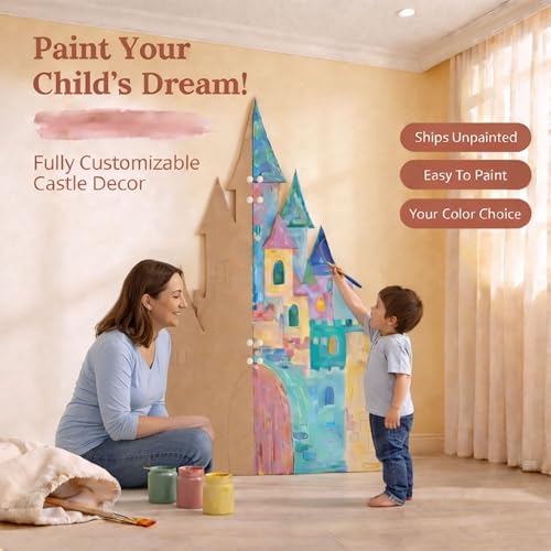 Jess and Jessica Wooden Fairytale Castle Decor 80 Inches Tall x 56 Inches Wide - Unfinished Wooden Cutouts for Crafts, Large MDF Unfinished Wood Cutouts for Wall Decor or Kids' Nursery – 5 Piece Set - style: Without Stand