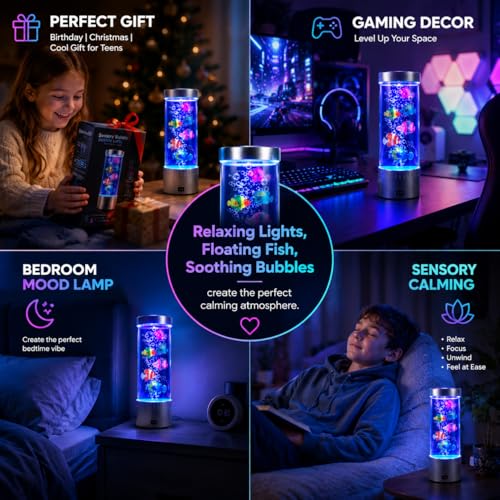 Jellyfish Lamp with RGB Color Changing LED Lights, Bubble Fish Tank Lamp with Swimming Artificial Fish, Sensory Night Light for Bedroom, Gaming Room & Desk Decor, Relaxing Gift for Kids & Adults