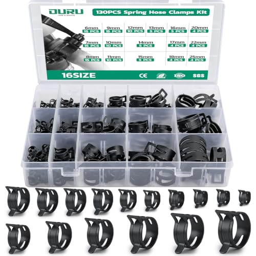 OURU 130PCS 6-25mm Spring Band Hose Clamps Assortment kit, Constant Tension Hose Clamps for Fuel Lines, Silicone Vacuum Hoses, Water Pipe, Low-Pressure Air Clips - size: 130PCS (6-25mm)