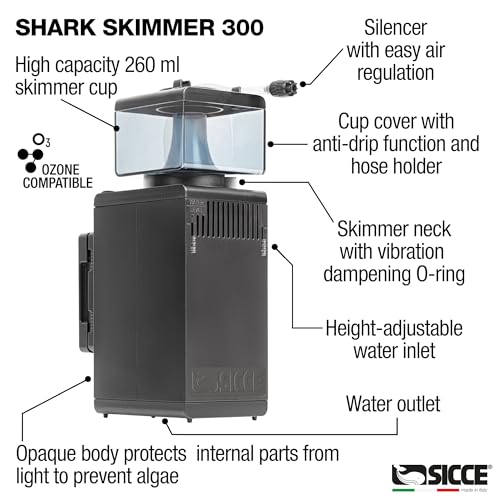 Sicce Shark Nano Protein Skimmer 300 up to 80 Gallon Saltwater Aquariums | Ultra Quiet Pump, Adjustable, Compact, Small Aquarium Marine Reef Tank