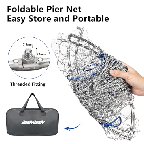 QualyQualy Foldable Pier Fishing Net 23" with Rust-Proof Stainless Steel Ring & Heavy-Duty Poly Mesh | Saltwater & Freshwater Landing Net for Kayak, Bridge Fishing Lightweight Durable Design - color: Gray, size: With Handle