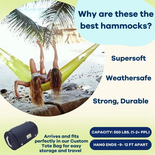 Handwoven Hammock by Yellow Leaf Hammocks - Family Size, Fits 2+ PPL, 550lb max - Weathersafe, Super Strong, Easy to Hang, Ultra Soft, Artisan Made - Color: Yellow - color: Bondi- Yellow, size: Fits 1-2+ People (550 lb. Capacity)