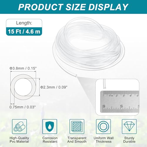 uxcell Clear PVC Tubing, 2.3mm ID x 3.8mm OD - 15ft PVC Tube Lightweight Vinyl Hose, Transparent Flexible Plastic Water Tubing for Air Oil Water Transfer Aquarium Irrigation - size: 2.3mm ID x 3.8mm OD