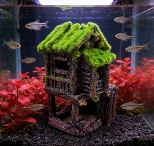 M2cbridge Aquarium Decorations Fish Hideout House Betta Cave with Green Lifelike Moss (Style 4) - style: Style 4