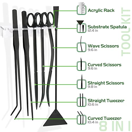 8 in 1 Aquascaping Tool kit with Acrylic Storage Rack, Black Steel Aquatic Landscaping Equipment Perfect to Create A Stunning Underwater Scape for Fish Tank