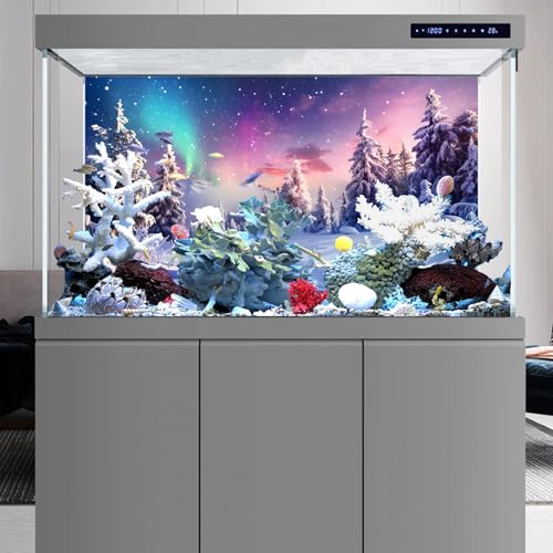 YongFoto Fish Tank Background 24x16 Inch Winter Snow Scene Aquarium Snowfield Pine Forest Rime Starry Sky Aurora Backdrop Reptile Terrarium Bearded Dragon Habitat - color: Purple 5, size: 24x16in/60x40cm