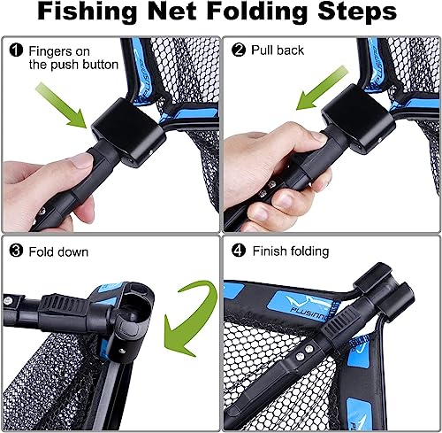 PLUSINNO Floating Fishing Net for Steelhead, Salmon, Fly, Kayak, Catfish, Bass, Trout Fishing, Rubber Coated Foldable Landing Net with Fixed or Telescoping Pole Handle, Fishing Gear and Gifts for Men - color: 2 Pack - 0.8M Blue