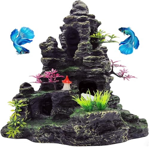 Large Aquarium Decoration Resin Fake Rock Mountain Ornament Landscape Castle Decoration Fighting Fish Reptiles Turtles Hiding Cave Fish Tank Ornaments Accessories - Height 10.7 inches (Purple) - color: Purple