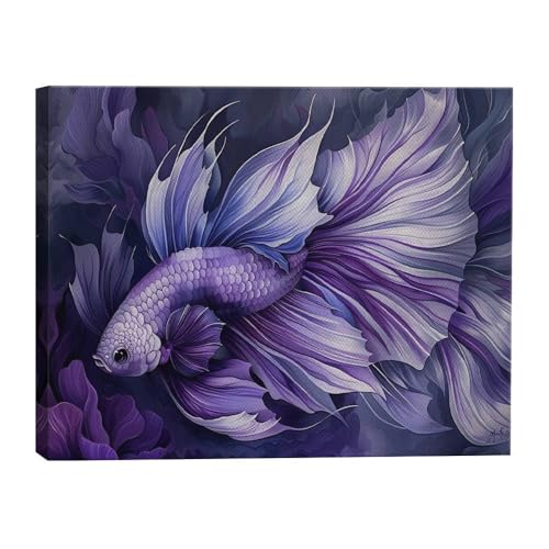HomeGiftCentral Betta Fish Purple Dark Design 1 Canvas Wall Art Picture Prints Artwork Framed For Living Room Wall Home Decor Gifts For Family Art Easy Hanging - color: Design 1, size: Small(10x8in)