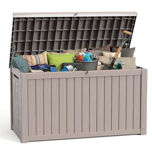 ROJIK Outdoor Storage Housing Deck Box - Waterproof Patio Furniture, Garden Tools, Cushions, Pool Accessories Storage Bench with Lockable Lid and Side Handles (Grey 200 Gal) - color: Grey, size: 200 Gallon