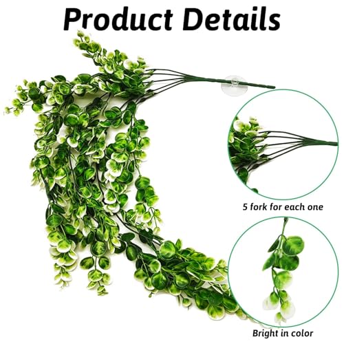 Hanging Fake Plants for Reptiles, 2 Pack Fake Reptile Plants for Reptiles Tank with Suction Cup, Reptile Plants Jungle Hanging Vines for Bearded Dragon Tank (Green and White)