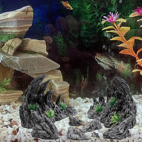 Large “Soul Valley” 7pcs Resin Aquarium Decor Set – Fish Tank Decorations, Imitation Stone Ornaments for 12-20 inch aquariums, Natural Rock Style Decor for Fresh/Saltwater Landscaping Aquariums