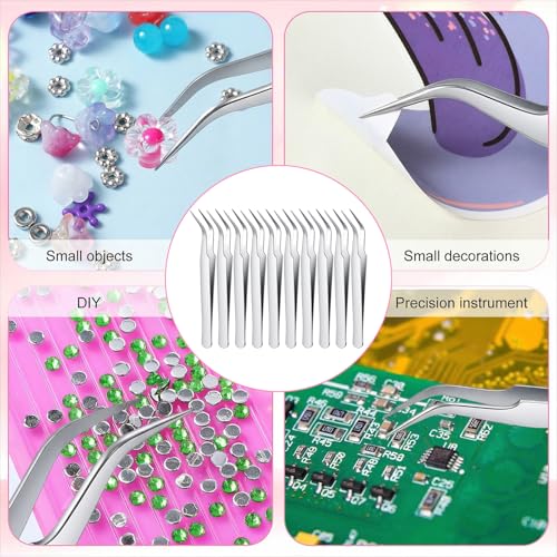 10 Pieces Tweezers for Crafting, Stainless Steel Curved Pointed Tweezers Precision Tweezer with Protective Cover for Eyelash Extensions Stickers Rhinestones Crafts (Silver) - color: Silver