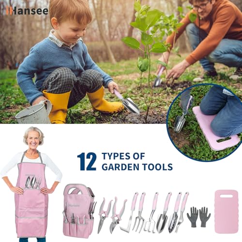 Pink Garden Tool Sets 12 Pieces, iHansee Aluminum Gardening Hand Tools with Non-Slip Handle, Kneeling Pad, Apron, Gloves and Organizer Bag, Landscaping Tools - Gift for Women & Garden Enthusiasts - style: Pink