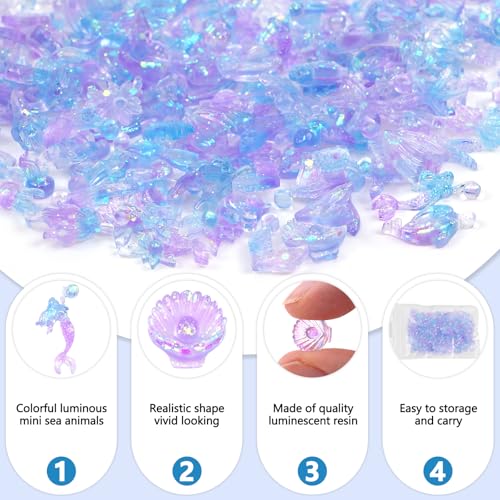 50 PCS Mini Resin Glowing Sea Creatures Set, Dreamy Blue Resin Marine Decor, Tiny Dolphin/Seahorse/Shell Figures for Aquarium & Mini Landscapes, Glow-in-Dark Ocean Decor - color: Blue