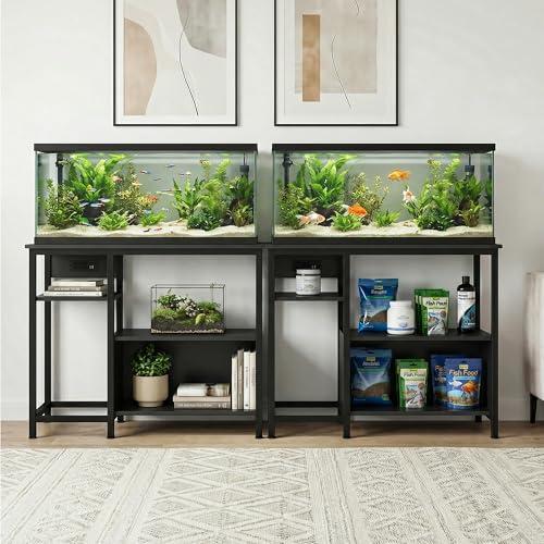 Heavy Duty 40-50 Gallon Aquarium Stand - Metal & Wood, 4-Tier Open Storage Shelves, Drawer, Power Outlets, Supports Reptile/Turtle Tanks, Home Storage Rack, 36.6" x 18.9" x 30.7" - Black - color: Black