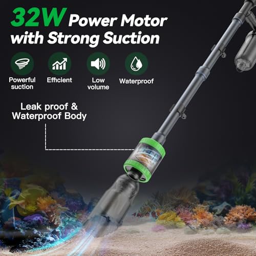 32W Electric Aquarium Vacuum Gravel Cleaner - Strong Suction, Automatic Water Change, Algae Remover, Sand Wash, Water Shower, Water Circulation & Timed Off (32W)